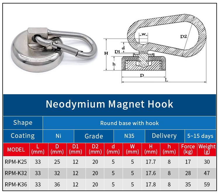 Magnete con vaso al neodimio con moschettone girevole