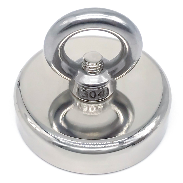 Magnete da pesca al neodimio rotondo in acciaio inossidabile con occhiello su un lato