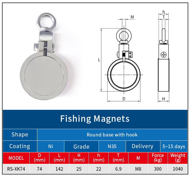 Magnete da pesca al neodimio con golfare SST ad alta resistenza, diametro 74 mm, forza di trazione da 300 kg